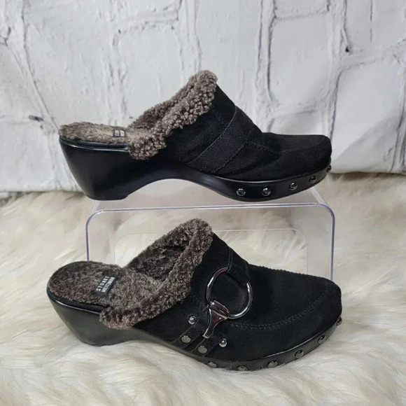 Stuart Weitzman Womens 8 Clogs Mules‎ Slip On Shoes Black Suede Faux Fur Lined - Picture 1 of 9